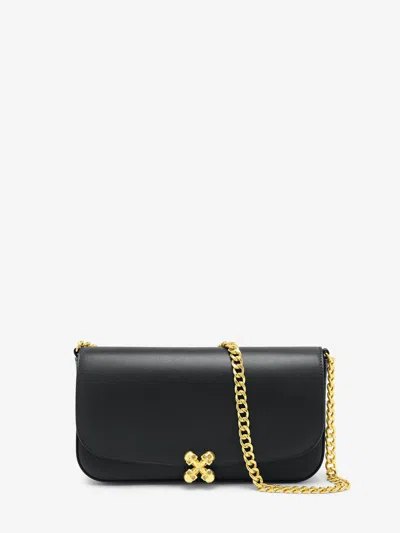 Alexander Mcqueen Black Leather Skull Flower Small Shoulder Bag In Animal Print