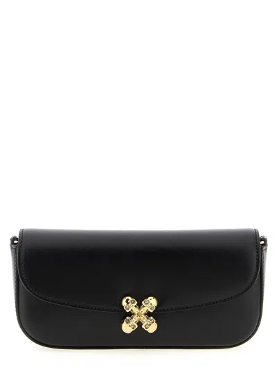 Alexander Mcqueen Black Leather Skull Flower Small Shoulder Bag In Animal Print