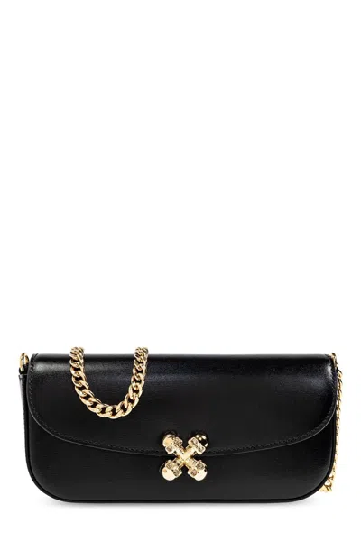 Alexander Mcqueen Black Leather Skull Flower Small Shoulder Bag In Animal Print