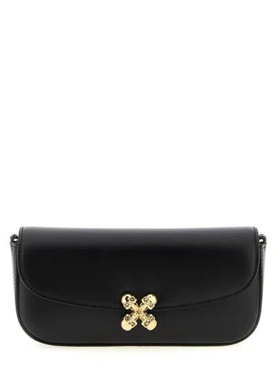 Alexander Mcqueen Black Leather Skull Flower Small Shoulder Bag In Animal Print