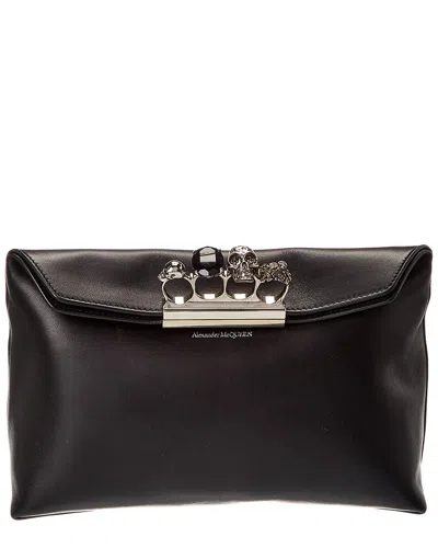 Pre-owned Alexander Mcqueen Skull Four-ring Leather Clutch (authentic Pre-loved) In Black