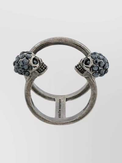 Alexander Mcqueen Skull Gemstone Double Band Ring In Metallic