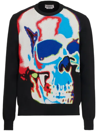 Alexander Mcqueen Solarised Skull Jacquard Jumper In Black/ivory/red/blue