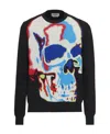 Alexander Mcqueen Black Crewneck Sweatshirt With Multicolor Jacquard Skull In Wool Blend Man In Black