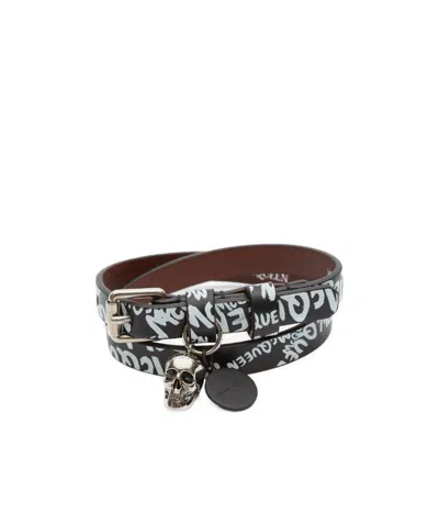 Alexander Mcqueen Skull Graffiti Print Wrap Bracelet In Black