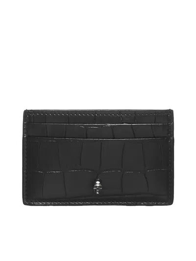 Alexander Mcqueen Black Crocodile Embossed Card Holder In Nero