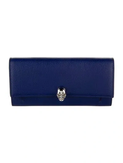Pre-owned Alexander Mcqueen Skull Leather Continental Wallet In Blue
