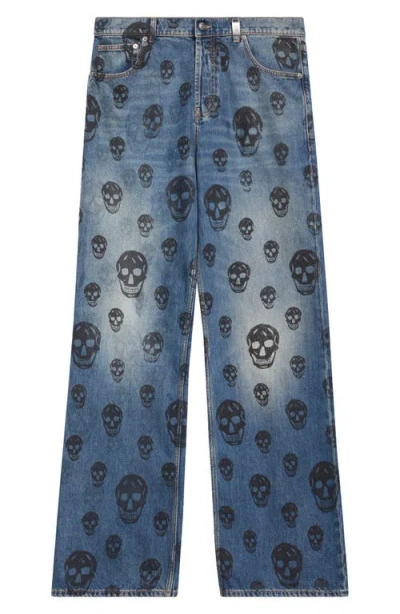 Alexander Mcqueen Skull Low Rise Baggy Jeans In Blue