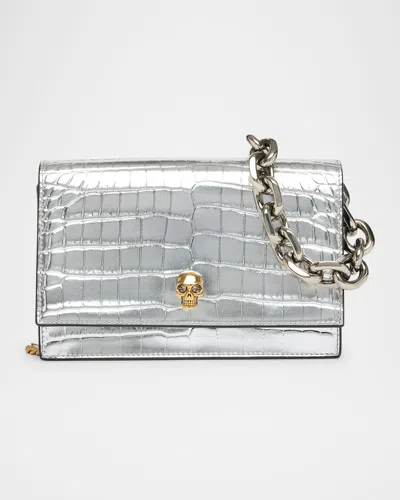 Alexander Mcqueen Skull Metallic Croc-embossed Leather Shoulder Bag In Silver