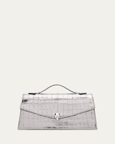 Alexander Mcqueen Skull Metallic Croc-embossed Leather Top-handle Bag In Dark Silver