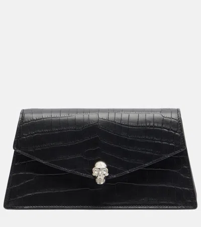 Alexander Mcqueen Skull Mini Croc-effect Leather Clutch In Black