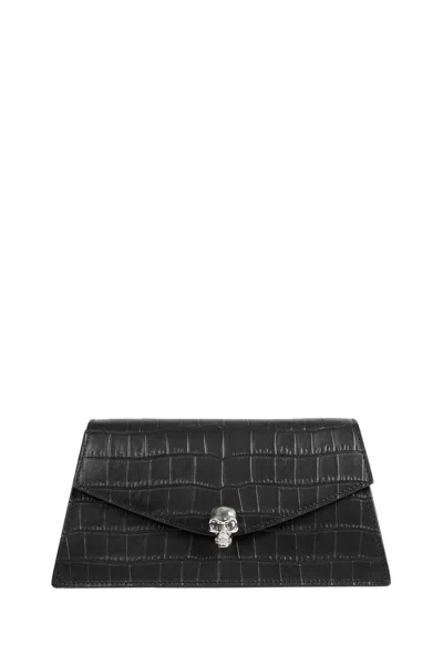 ALEXANDER MCQUEEN SKULL MINI CROC-EFFECT LEATHER CLUTCH