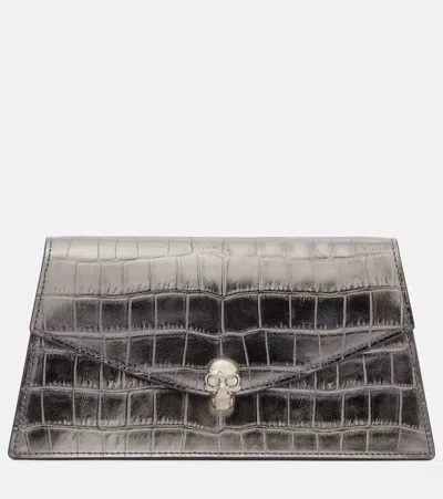 Alexander Mcqueen Skull Mini Croc-effect Leather Clutch In Silver
