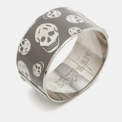 Pre-owned Alexander Mcqueen Skull Motif Grey Cream Enamel Silver Tone Wide Bangle Bracelet In Gray