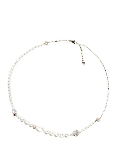 Alexander Mcqueen Skull Necklace With Pearls Jewelry Silver In White