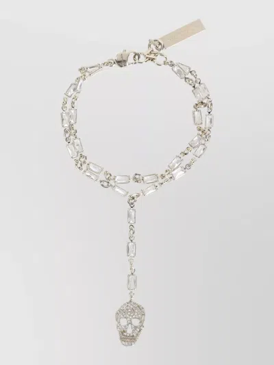 Alexander Mcqueen Skull Pavé Double Chain Bracelet Cubic Zirconia In Silver