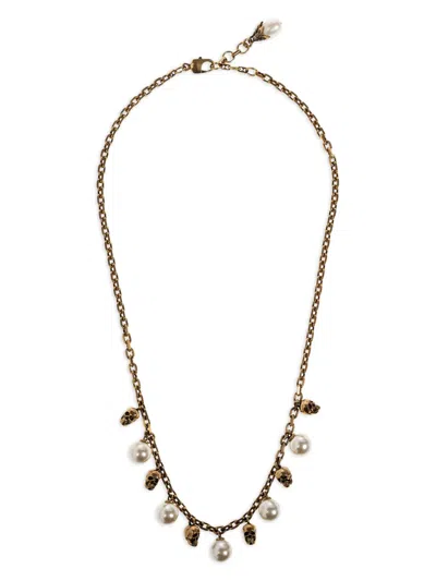 Alexander Mcqueen Skull Pearl Necklace In Gray