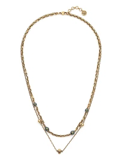 Alexander Mcqueen Pearl And Skull Necklace In Antique Gold