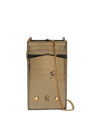 Pre-owned Alexander Mcqueen Skull Phone Crossbody In Gold