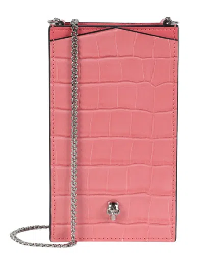 Alexander Mcqueen Skull Phone Pouch Leather Crossbody In Orange