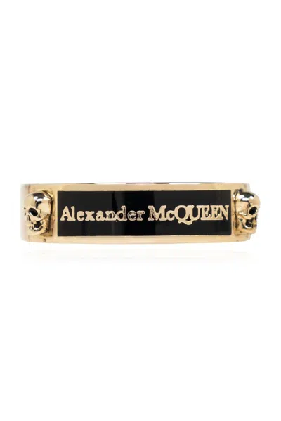 Alexander Mcqueen Skull Plaque Logo Engraved Ring In Gold