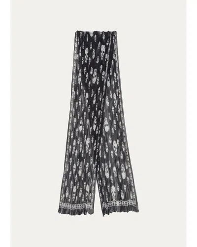 Alexander Mcqueen Skull Pleated Silk Georgette Scarf In Black/ivory