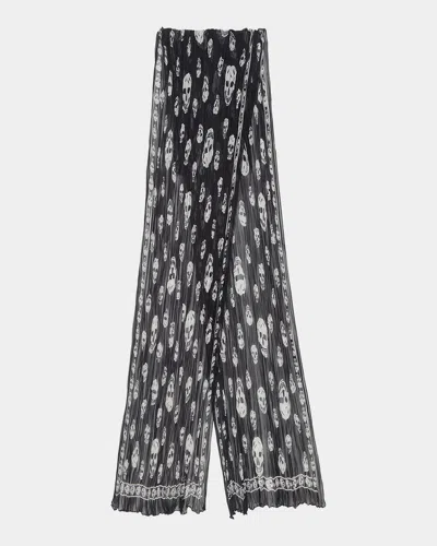 Alexander Mcqueen Skull Pleated Silk Georgette Scarf In Black/ivory