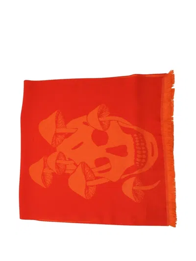 Pre-owned Alexander Mcqueen Skull-print Fringe-edges Scarf In Red