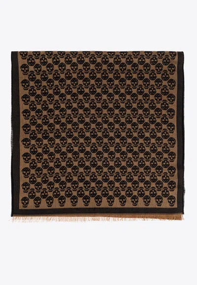 Alexander Mcqueen Skull Print Fringed Scarf In Brown