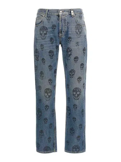 Alexander Mcqueen Skull Print Jeans In Blue