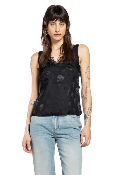 Alexander Mcqueen Skull Print Lace Trim Top In Black