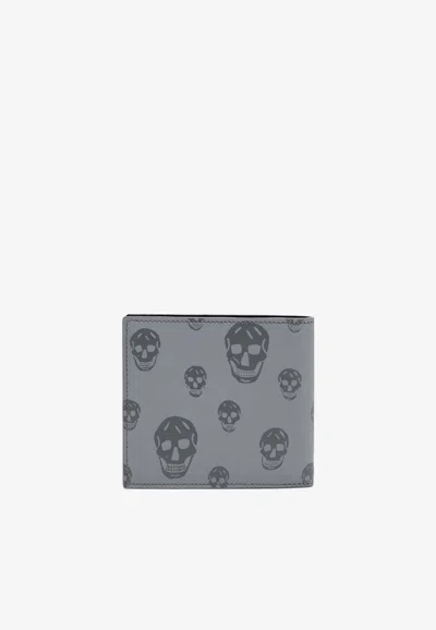 Alexander Mcqueen Skull Print Leather Bi-fold Wallet In Gray