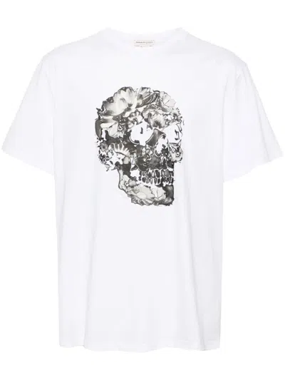 Alexander Mcqueen Wax Flower Skull Print Cotton T-shirt In White,grey