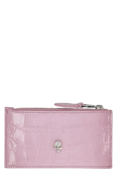 Alexander Mcqueen Skull Printed Leather Card Holder In Pink