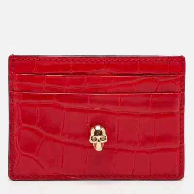 Pre-owned Alexander Mcqueen Skull Red Croc Embossed Leather Card Holder