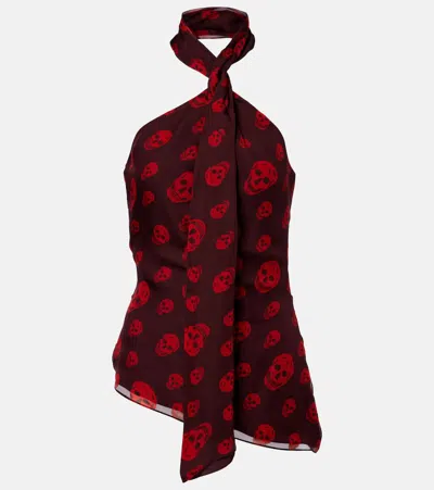 Alexander Mcqueen Skull Scarf-detail Halterneck Silk Top In Red