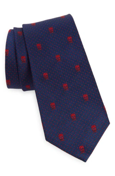 Alexander Mcqueen Skull Silk Tie In Black/lust Red