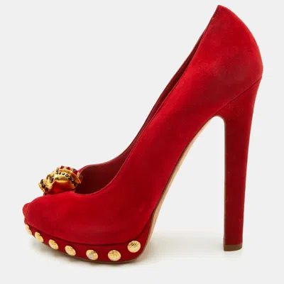 Pre-owned Alexander Mcqueen Skull Size 39 Red Suede Platform Peep Toe Pumps