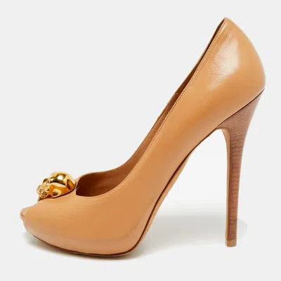 Pre-owned Alexander Mcqueen Skull Size 40 Brown Leather Peep Toe Platform Pumps