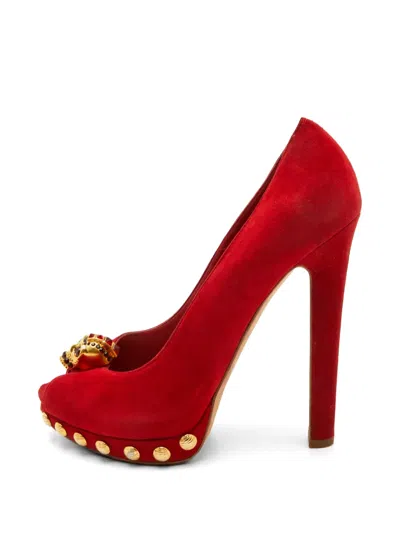 Pre-owned Alexander Mcqueen Skull Suede Heeled Pumps In Red