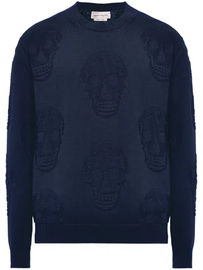 Alexander Mcqueen Skull-intarsia Cotton Sweatshirt In Navy