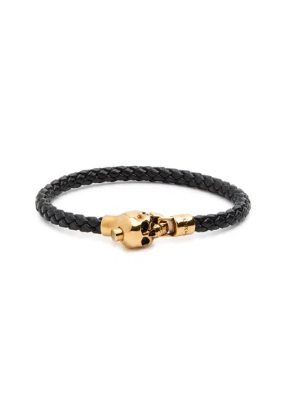 Alexander Mcqueen Skull Woven Leather Bracelet In Black
