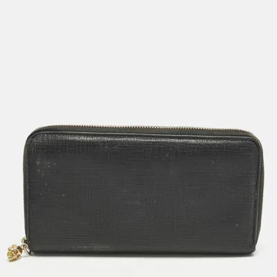 Pre-owned Alexander Mcqueen Skull Zip Black Leather Continental Wallet