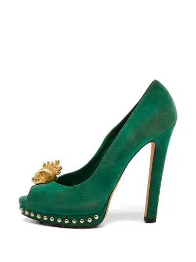 Pre-owned Alexander Mcqueen Skull-platform Pumps In Green