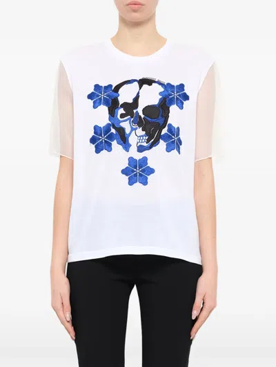 Alexander Mcqueen Skull-print Mesh-sleeve T-shirt In White