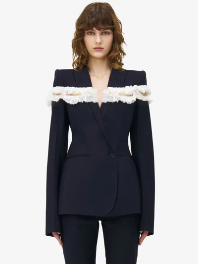 Alexander Mcqueen Slashed Creponne Detail Single-breasted Jacket In Navy
