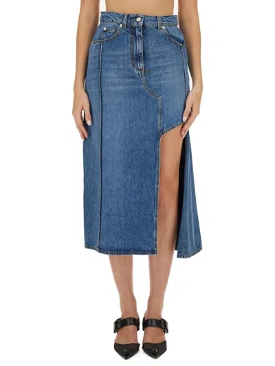 Alexander Mcqueen Slashed Denim Midi Skirt In Blue