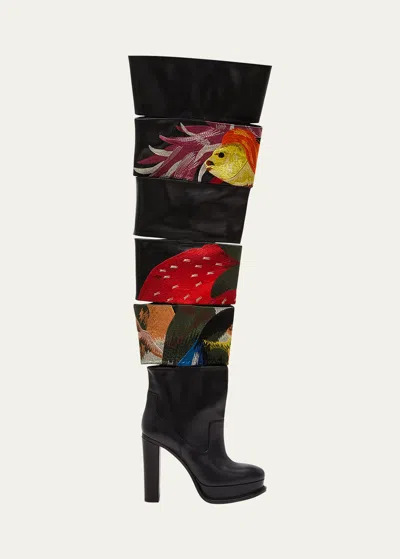 Alexander Mcqueen Slashed Embroidered Thigh-high Platform Boots In Blackmulti