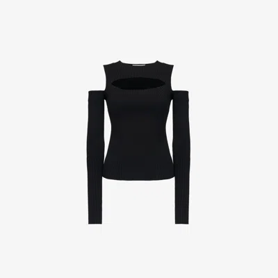 Alexander Mcqueen Slashed Rib Knit Long Sleeve Top In Black
