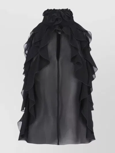 Alexander Mcqueen Sleeveless High Neck Sheer Ruffled Top In Black